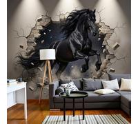 NAWVNMI Black Grey Mural Wallpaper, Breaking Through The Wall Wallpaper, Black Horse Emerging from The Wall Wallcovering for Living Room, Hotel Background, 3D Large Mural Silk 400 x 280cm (WxH)