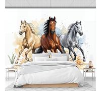 NAWVNMI Brown Blue Mural Wallpaper, Watercolor Splashes Wallpaper, Three Galloping Horses Wallcovering for Living Room, TV Backdrop, Hotel Wall Background, 3D Large Wall Mural Silk 200 x 140cm (WxH)