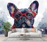 NAWVNMI Cartoon Animal Wall Mural Wallpaper, Doodle French Bulldog, Panoramic Silk Paste-the-Wall, Multi-Panel Wall Art for Living Room or Bedroom, 200 x 140cm