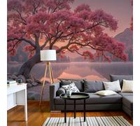 NAWVNMI Cherry Blossoms By The Lake Photo Wallpaper 250 x 175cm Wall Mural Picnic Table Versatile Photo Wallpaper, for Bedroom Living Room & Home Décor, Including Kids' Room Art Poster