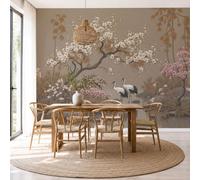NAWVNMI Chinese Ink Painting Wall Mural Wallpaper, Red-Crowned Cranes Flowering Trees, Panoramic Silk Paste-the-Wall, Multi-Panel Wall Art for Living Room or Bedroom, 300 x 210cm