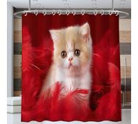NAWVNMI Cute Cat shower curtain, Waterproof Design and Polyester, Quick-Drying, Red Feather shower curtain bathroom 180 x 200 cm, Durable and Washable Bathroom Decor with 12 Hooks