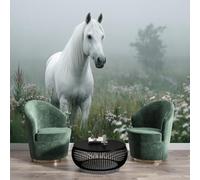 NAWVNMI Elegance White Horse Photo Wallpaper 300 x 210cm Wall Mural Meadow Wildflowers Versatile Photo Wallpaper & Wall Sticker, for Bedroom Living Room & Home Décor, Including Kids' Room Art Poster