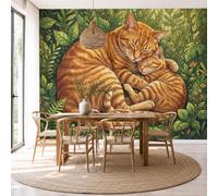 NAWVNMI Fairy Tales Animals Wall Mural Wallpaper, Orange Cat Plants, Panoramic Silk Paste-the-Wall, Multi-Panel Wall Art for Living Room or Bedroom, 250 x 175cm