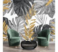 NAWVNMI Gold Leaf Palm Leaf Silk Mural Wallpaper Large Size Luxury Tropical Plants Poster Picture Design Wall Decor Picture, Wallpaper for Living Room Bedroom Mural border-200 x 140cm