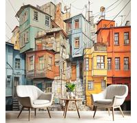 NAWVNMI Historical Urban Architecture Wallpaper Mural, Watercolor Painting Wall Mural, Silk Print Photo Wallpaper for Bedroom Living Room Decor Poster Picture Design 250 x 175cm Orange Blue