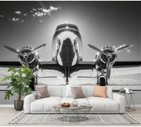 NAWVNMI Industrial Retro Wall Mural Wallpaper, Old-Fashioned Passenger Planes Landing Pad, Panoramic Silk Paste-the-Wall, Multi-Panel Wall Art for Living Room or Bedroom, 350 x 256cm
