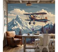 NAWVNMI Large Retro Printmaking Mural Wallpaper 450 x 315cm, Biplane Photo Wallpaper, Silk Wall Mural Decoration Poster Picture for Bedroom Living Room Hallway Sofa Backdrop