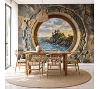 NAWVNMI Large Round Stone Window Mural Wallpaper 350 x 256cm, Cliff Reef Photo Wallpaper, Silk Wall Mural Decoration Poster Picture for Bedroom Living Room Hallway Sofa Backdrop