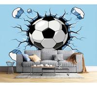 NAWVNMI Light Blue Mural Wallpaper, Comic Strip Wall-Breaking Effect Wallpaper, Soccer Wallcovering for Living Room, TV Backdrop, Hotel Wall Background, 3D Large Wall Mural Silk 200 x 140cm (WxH)