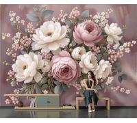 NAWVNMI Light Pink Green Mural Wallpaper, Mixed Bouquet Wallpaper, Rustic Country Style Wallcovering for Living Room, TV Backdrop, Hotel Wall Background, 3D Large Wall Mural Silk 250 x 175cm (WxH)