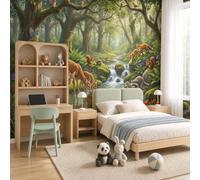 NAWVNMI Magic Forest Wall Mural Wallpaper, Deer Fox Stream, Panoramic Silk Paste-the-Wall, Multi-Panel Wall Art for Living Room or Bedroom, 300 x 210cm