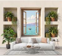 NAWVNMI Mediterranean Landscape Wall Mural Wallpaper, Gulf Sailing, Panoramic Silk Paste-the-Wall, Multi-Panel Wall Art for Living Room or Bedroom, 400 x 280cm