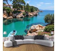 NAWVNMI Mediterranean Style Silk Mural Wallpaper Large Size Tranquil Coastline Poster Picture Design Wall Decor Picture, Wallpaper for Living Room Bedroom Mural border-350 x 256cm