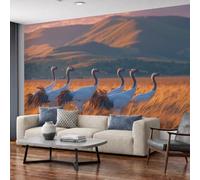 NAWVNMI Nature Animals Wall Mural Wallpaper, Red-Crowned Cranes Wheat Field, Panoramic Silk Paste-the-Wall, Multi-Panel Wall Art for Living Room or Bedroom, 200 x 140cm