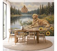 NAWVNMI Oil Painting Animals Wall Mural Wallpaper, Golden Retriever Lake, Panoramic Silk Paste-the-Wall, Multi-Panel Wall Art for Living Room or Bedroom, 450 x 315cm