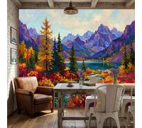 NAWVNMI Oil Painting Autumn Scenery Wall Mural Wallpaper, High Mountains Lakes, Panoramic Silk Paste-the-Wall, Multi-Panel Wall Art for Living Room or Bedroom, 200 x 140cm