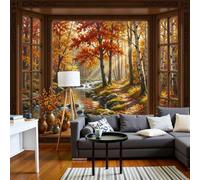 NAWVNMI Open Window Illusion Mural Wallpaper Autumn Forest Stream Wall Mural Decoration Poster Picture Design Modern Open Window Illusion Wallpaper for Living Room Bedroom- 250 x 175cm