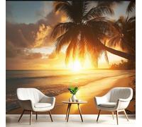 NAWVNMI Palm Trees Beach Photo Wallpaper Golden Sunset Silk Mural Photo Poster Living Room Bedroom Tv Background Wall Home Decoration Wall Covering 350(W) X256cm(H) -7 Stripes
