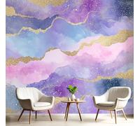 NAWVNMI Panoramic Marble Cloud Pattern Silk Wallpaper 350 x 256cm, Purple Pink Gold, Poster Giant Wall Personalised 3D for Living Room Bedroom Wall Decoration
