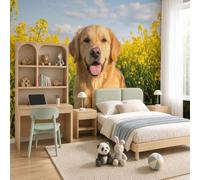 NAWVNMI Pets Photography Wall Mural Wallpaper, Golden Retriever Rapeseed Flowers, Panoramic Silk Paste-the-Wall, Multi-Panel Wall Art for Living Room or Bedroom, 450 x 315cm