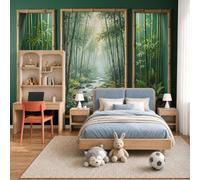 NAWVNMI Photo Wallpaper Bamboo Frame False Window 350 x 256cm /138" x 97" - Silk Premium Art Print Wall Mural Decoration Wall Covering Poster Picture Design Modern - Bamboo Forest Stream