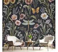 NAWVNMI Photo Wallpaper Watercolor Wildflowers Butterflies Dragonflies 250x175cm / 98" x 69" - Premium Art Print Wall Mural Decoration Poster Picture Design Living Room Bedroom Wall Mural