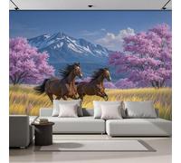 NAWVNMI Pink Blue Mural Wallpaper, Fields Horses Wallpaper, Snow-Capped Mountains Cherry Blossom Trees Wallcovering for Living Room, Hotel Wall Background, 3D Large Wall Mural Silk 450 x 315cm (WxH)