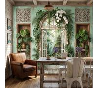 NAWVNMI Retro Secret Realm Wall Mural Wallpaper, Arched Windows Plants, Panoramic Silk Paste-the-Wall, Multi-Panel Wall Art for Living Room or Bedroom, 250 x 175cm