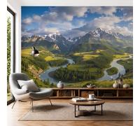 NAWVNMI River Valley Grassland Mural Wallpaper Snow-Capped Mountains Wall Mural Decoration Poster Picture Design Modern River Valley Grassland Wallpaper for Living Room Bedroom- 350 x 256cm