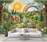 NAWVNMI Rural Countryside Wall Mural Wallpaper, Thatched Cottages Streams, Panoramic Silk Paste-the-Wall, Multi-Panel Wall Art for Living Room or Bedroom, 350 x 256cm