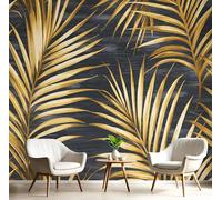 NAWVNMI Silk Photo Wallpaper Black Gold Size 200 x 140cm 4 Strips Width 50 cm Gold Palm Leaf Luxury Plant Decoration Bedroom Decoration Wall Mural Wall Covering Design Wallpaper