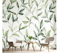 NAWVNMI Silk Photo Wallpaper Green White Size 200 x 140cm 4 Strips Width 50 cm Olive Leaf Seamless Watercolor Plant Bedroom Decoration Wall Mural Wall Covering Design Wallpaper
