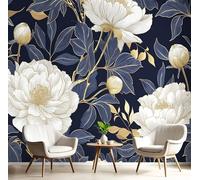 NAWVNMI Silk Photo Wallpaper Navy Blue White Size 200x140cm 4 Strips Width 50 cm Gold Leaf Peony Seamless Design Bedroom Decoration Wall Mural Wall Covering Design Wallpaper