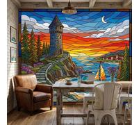 NAWVNMI Stained Glass Wall Mural Wallpaper, Lighthouse Bay Sailing Ship, Panoramic Silk Paste-the-Wall, Multi-Panel Wall Art for Living Room or Bedroom, 250 x 175cm