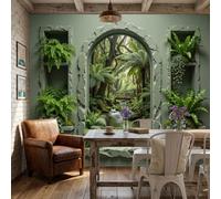 NAWVNMI Stone Masonry Arched Window Wall Mural Wallpaper, Ferns, Panoramic Silk Paste-the-Wall, Multi-Panel Wall Art for Living Room or Bedroom, 200 x 140cm