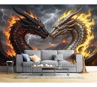 NAWVNMI Two Giant Dragons Photo Wallpaper 350 x 256cm Wall Mural Lightning Fire Versatile Photo Wallpaper & Wall Sticker, for Bedroom Living Room & Home Décor, Including Kids' Room Art Poster