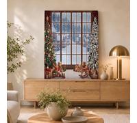 NAWVNMI Unframed Winter Snow Scene Canvas Wall Art Print, Christmas Tree Floor-To-Ceiling Window Canvas Painting Decor, Christmas Wall Art Prints for Living Room Bedroom Fireplace Decor 20x28 Inch