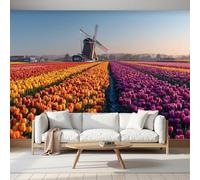 NAWVNMI Wall Mural Photo Wallpaper Dutch Windmills Wall Mural Tulip Fields, Premium Poster Wallpaper Decoration Poster Picture Design Modern - 200(W) X 140cm(H) Orange Purple Blue