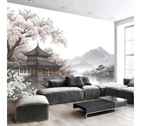NAWVNMI Wallpaper Murals 200 x 140cm Landscape Ink Painting Eastern Scenery 3D Silk Wall Mural for Bedroom Living Room Walls Decor, Gray Beige TV Background Sofa Wall Sticker (Not self-Adhesive)