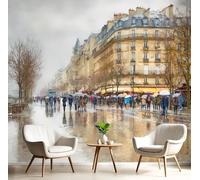 NAWVNMI Wallpaper Murals 200 x 140cm Paris Rainy Scene Romantic Street 3D Silk Wall Mural for Bedroom Living Room Walls Decor, Brown TV Background Sofa Wall Sticker (Not self-Adhesive)