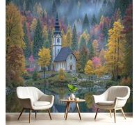 NAWVNMI Wallpaper Murals 400 x 280cm Lakeside Cabin Fairy Tale Forest 3D Silk Wall Mural for Bedroom Living Room Walls Decor, Orange Dark Green TV Background Sofa Wall Sticker (Not self-Adhesive)