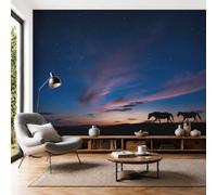 NAWVNMI Wilderness Starry Sky Wall Murals Wallpaper 400 x 280cm Horizon Dark Horse Silhouette Wallpapers Deep Sea Blue Pink for Bedroom Living Room Office Hallway Hall Lounge
