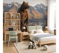 NAWVNMI Wildlife Wall Mural Wallpaper, Brown Bear Valley, Panoramic Silk Paste-the-Wall, Multi-Panel Wall Art for Living Room or Bedroom, 450 x 315cm