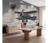 NAWVNMI Woodcut Prints Wall Mural Wallpaper, Hot Air Balloon Airplane, Panoramic Silk Paste-the-Wall, Multi-Panel Wall Art for Living Room or Bedroom, 450 x 315cm