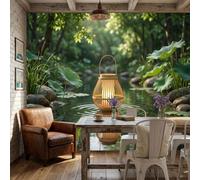 NAWVNMI Zen Lotus Pond Wall Mural Wallpaper, Bamboo Weaving Lanterns, Panoramic Silk Paste-the-Wall, Multi-Panel Wall Art for Living Room or Bedroom, 350 x 256cm