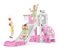 Naxudcoo Kids Slide: Large Toddler Slide With Basketball Hoop, Pink Slides For Toddlers Age 1-3 Toddler Climber Slides Playset With Storage Space, Indoor Outdoor Toy For Toddlers 1-3 Years