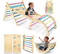 Naxudcoo Toddler Climbing Frame With Mat:5 In 1 Rainbow Wooden Toddler Climbing Toys Pikler Triangle Set, Montessori Toys For Children, Climbing Toys Indoor Climbing Frame For 1-3 Year Toddlers