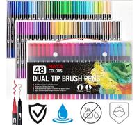 NAYA Felt Tip Pens Colouring Markers 72 Watercolour Marker Pen, Double Tip Art Fine Brush Markers for Adult Students, DIY Card Making, Photo Album Colouring Books Craft Doodling (48 PACK)
