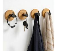 NAYAHOSE 4Pcs Wooden Base Hooks, Self Adhesive Towel Rail, Coat Hooks, Round Stainless Steel Hanging Stick on No-Nail Hook, Bamboo Towel Rail for Bathroom Kitchen Living Room Office
